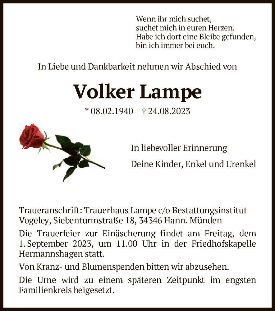  Traueranzeige für Volker Lampe vom 29.08.2023 aus HNA