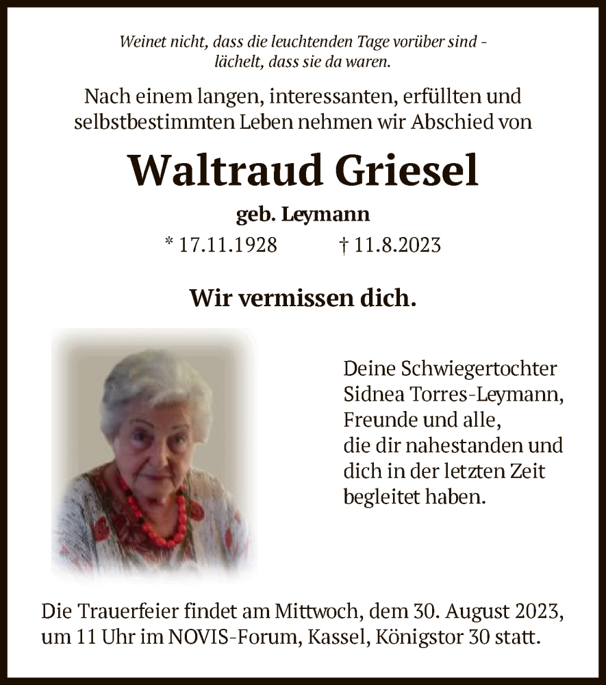  Traueranzeige für Waltraud Griesel vom 26.08.2023 aus HNA