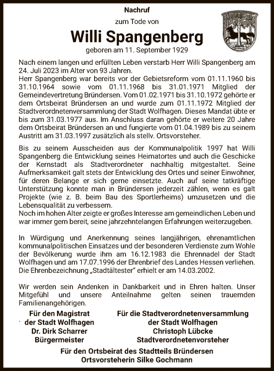 Traueranzeige von Willi Spangenberg von HNA