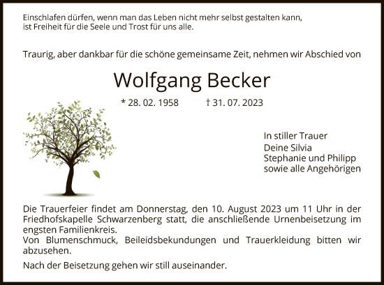 Traueranzeige von Wolfgang Becker von HNA