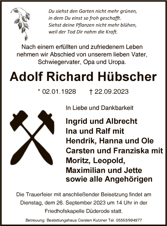 Traueranzeige von Adolf Richard Hübscher von HNA