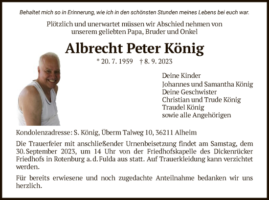 Traueranzeige von Albrecht Peter König von HNA