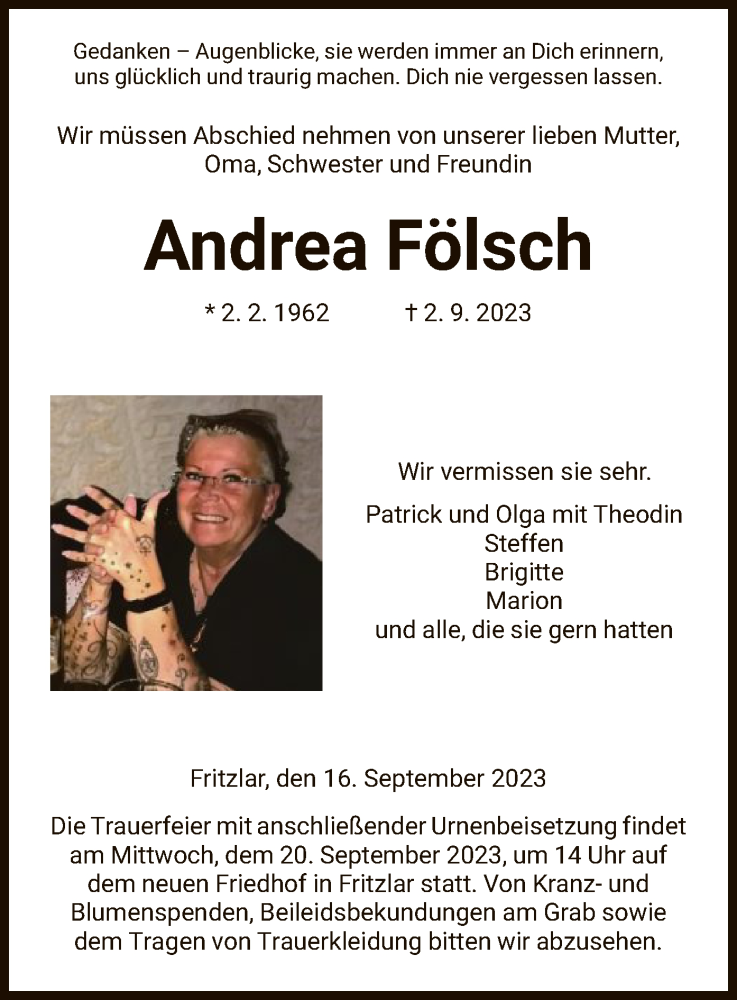  Traueranzeige für Andrea Fölsch vom 16.09.2023 aus HNA
