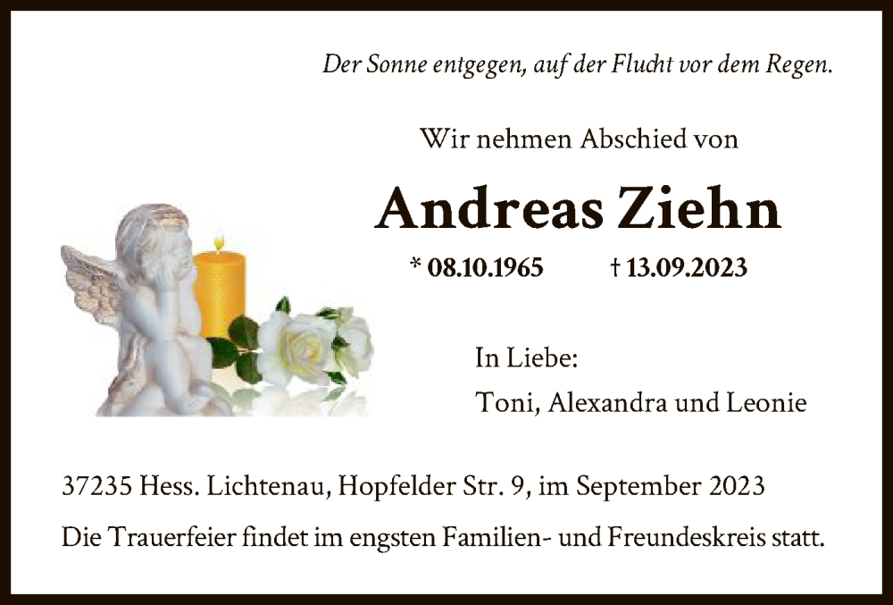  Traueranzeige für Andreas Ziehn vom 20.09.2023 aus HNA