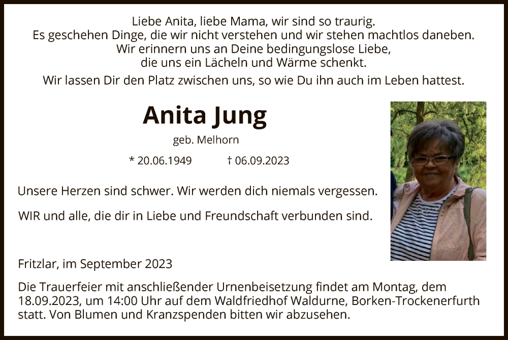  Traueranzeige für Anita Jung vom 16.09.2023 aus HNA