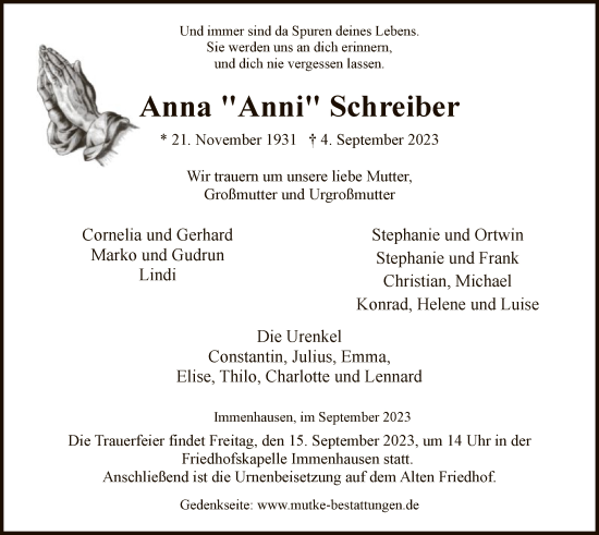 Traueranzeige von Anna Schreiber von HNA