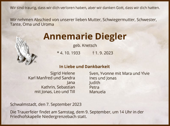 Traueranzeige von Annemarie Diegler von HNA