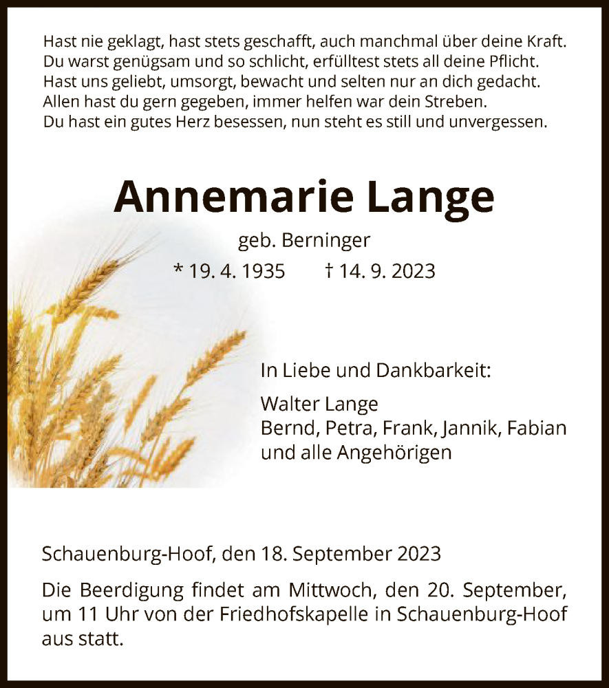  Traueranzeige für Annemarie Lange vom 18.09.2023 aus HNA