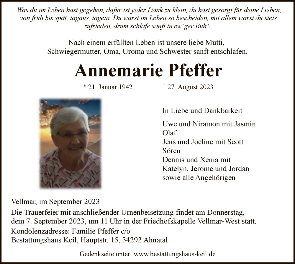  Traueranzeige für Annemarie Pfeffer vom 01.09.2023 aus HNA
