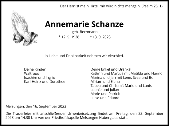 Traueranzeige von Annemarie Schanze von HNA