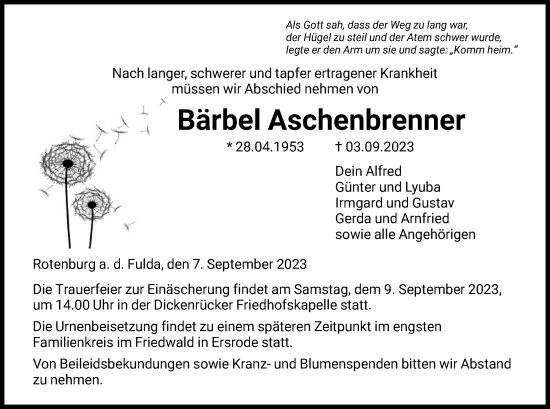 Traueranzeige von Bärbel Aschenbrenner von HNA