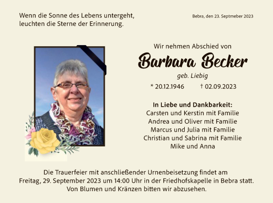 Traueranzeige von Barbara Becker von HNA