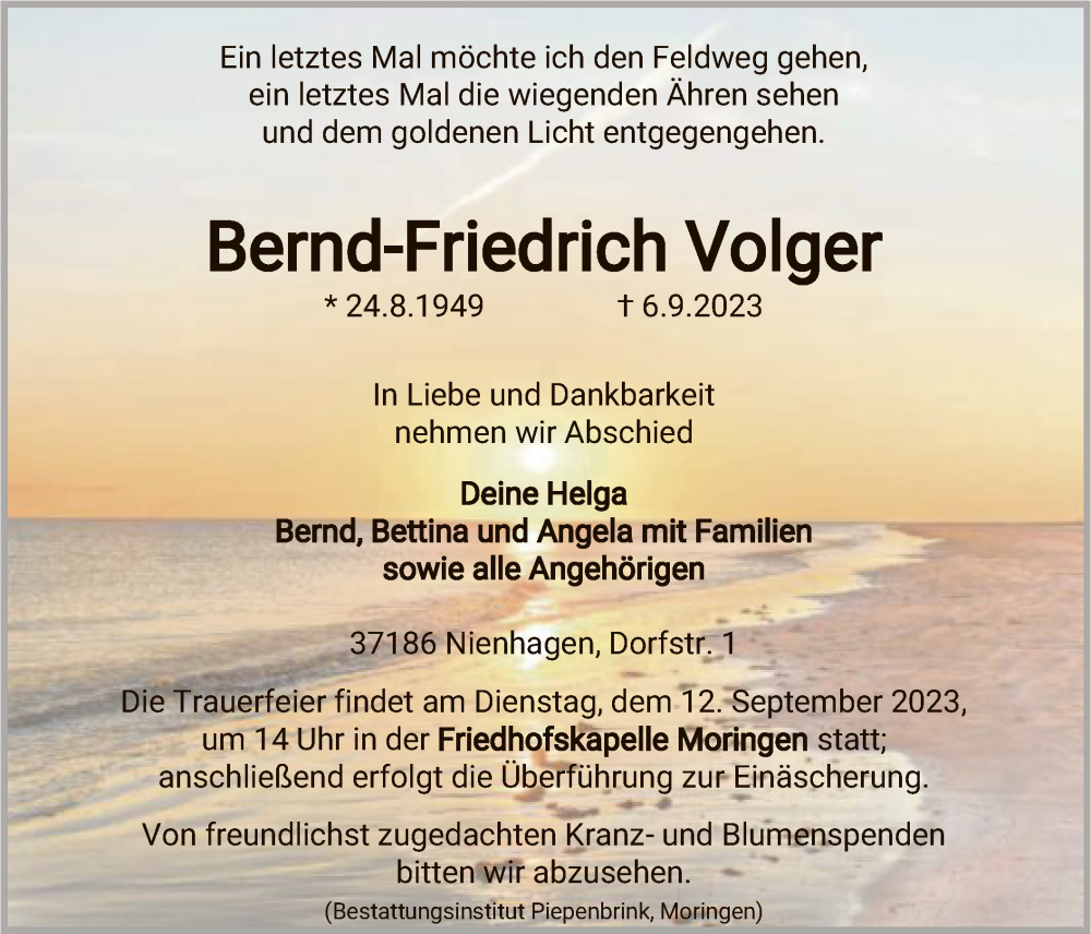  Traueranzeige für Bernd-Friedrich Volger vom 09.09.2023 aus HNA