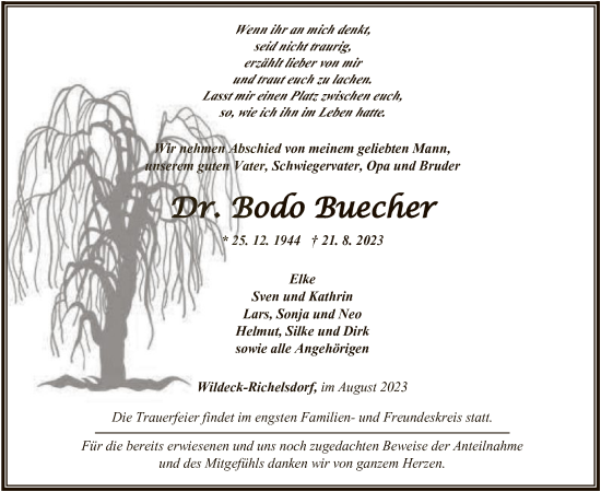 Traueranzeige von Bodo Buecher von HNA