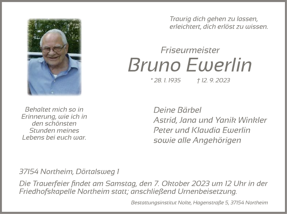  Traueranzeige für Bruno Ewerlin vom 23.09.2023 aus HNA