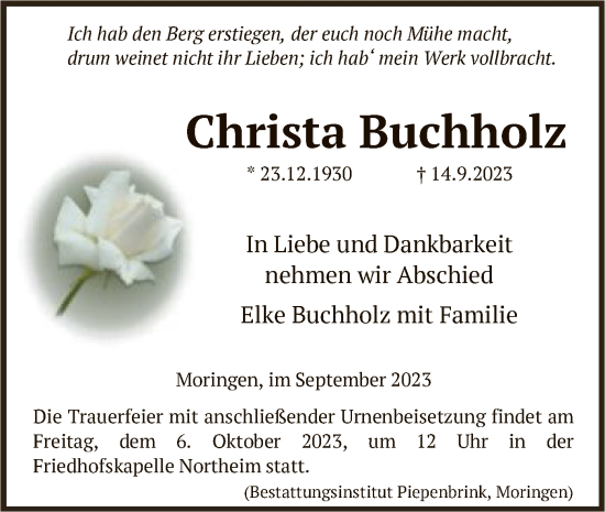 Traueranzeige von Christa Buchholz von HNA
