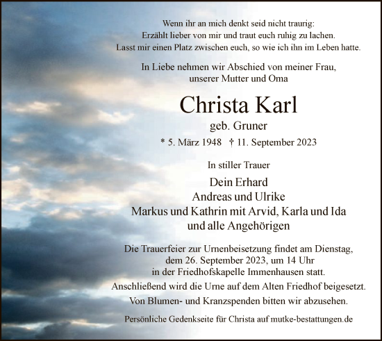 Traueranzeige von Christa Karl von HNA