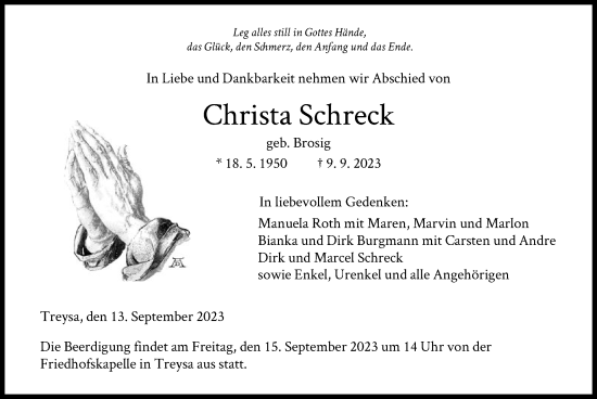 Traueranzeige von Christa Schreck von HNA