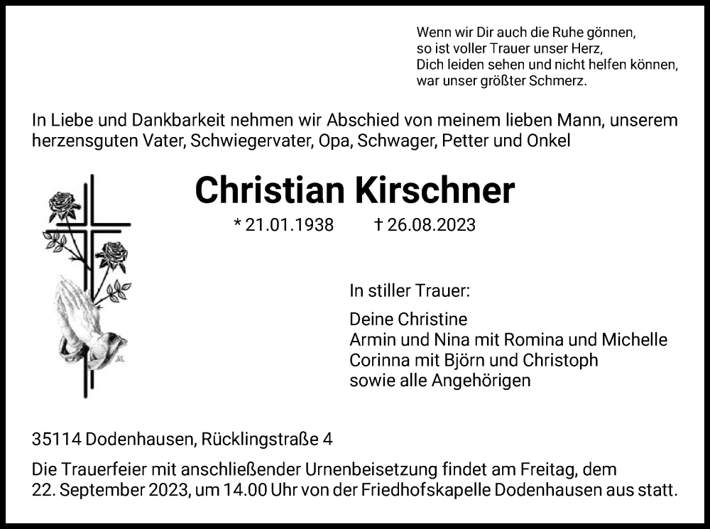  Traueranzeige für Christian Kirschner vom 19.09.2023 aus HNA