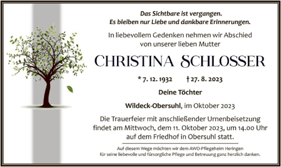 Traueranzeige von Christina Schlosser von HNA