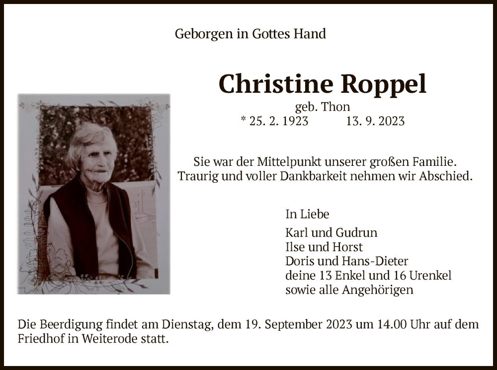  Traueranzeige für Christine Roppel vom 16.09.2023 aus HNA