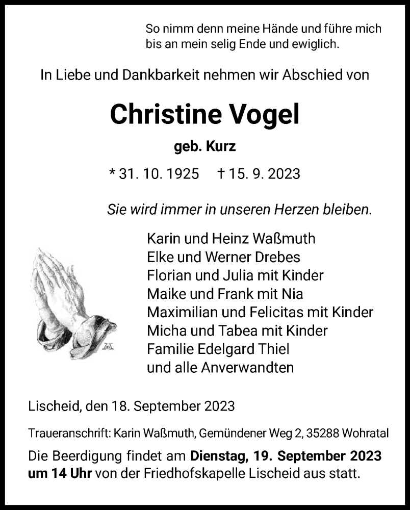  Traueranzeige für Christine Vogel vom 18.09.2023 aus HNA