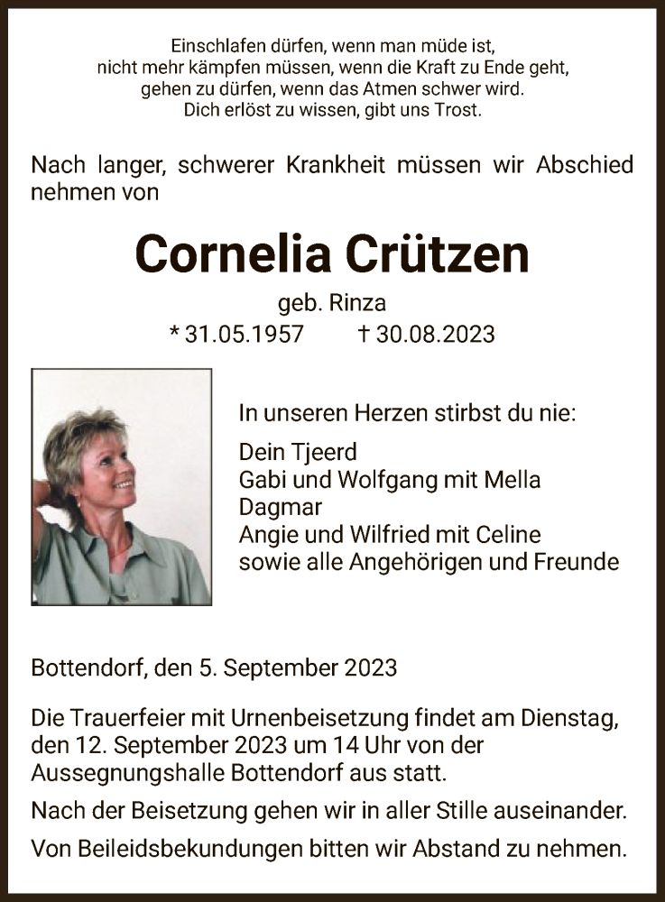 Traueranzeige für Cornelia Crützen vom 05.09.2023 aus HNA