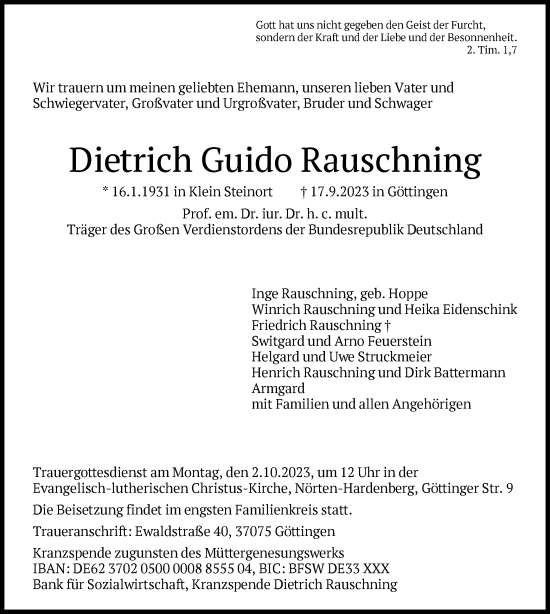 Traueranzeige von Dietrich Guido Rauschning von HNA