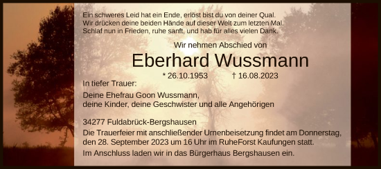 Traueranzeige von Eberhard Wussmann von HNA