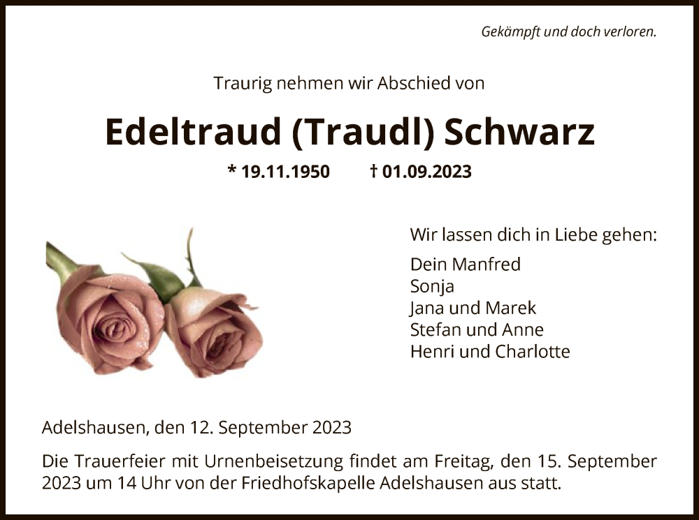  Traueranzeige für Edeltraud Schwarz vom 12.09.2023 aus HNAHZ