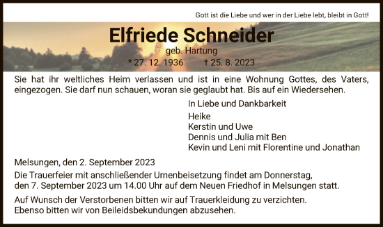 Traueranzeige von Elfriede Schneider von HNA