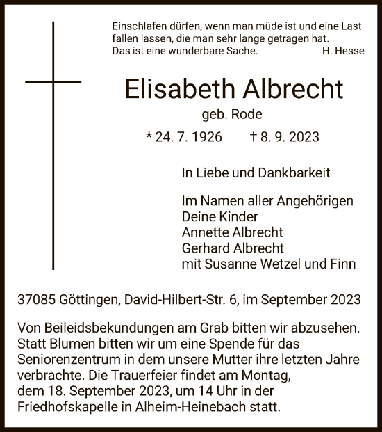 Traueranzeige von Elisabeth Albrecht von HNAHNA