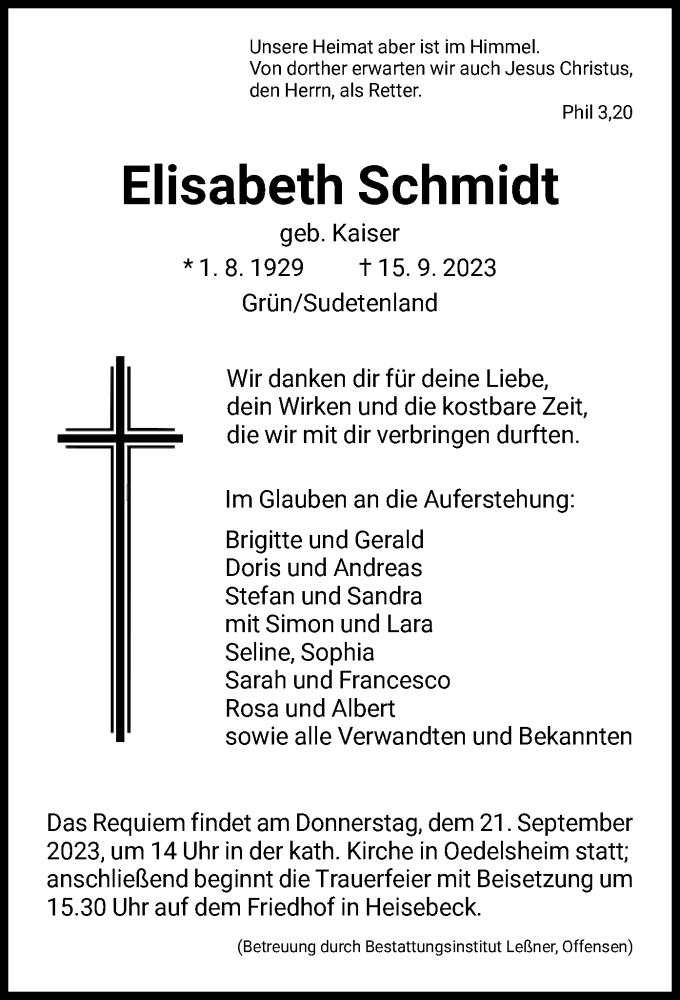  Traueranzeige für Elisabeth Schmidt vom 19.09.2023 aus HNA