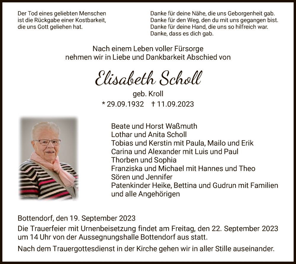  Traueranzeige für Elisabeth Scholl vom 19.09.2023 aus HNA