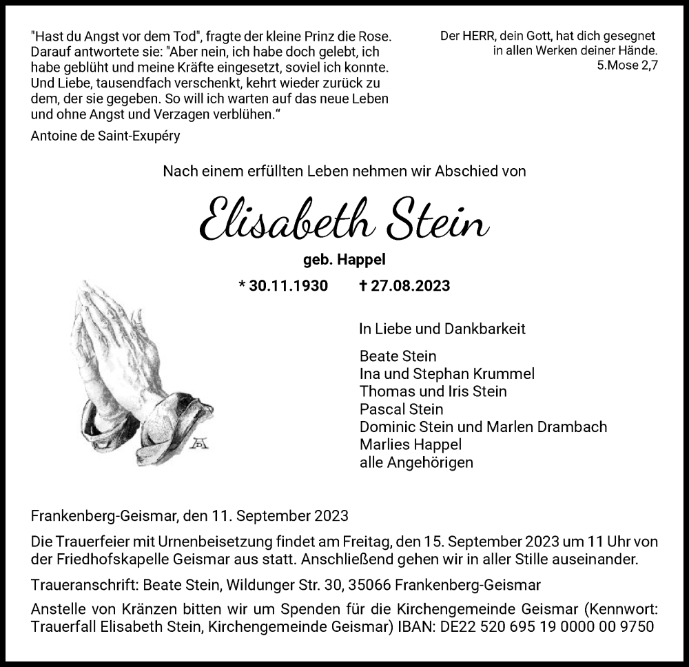 Traueranzeige für Elisabeth Stein vom 11.09.2023 aus HNAWLZ