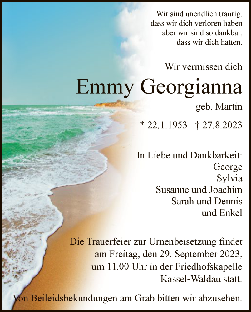  Traueranzeige für Emmy Georgianna vom 23.09.2023 aus HNA