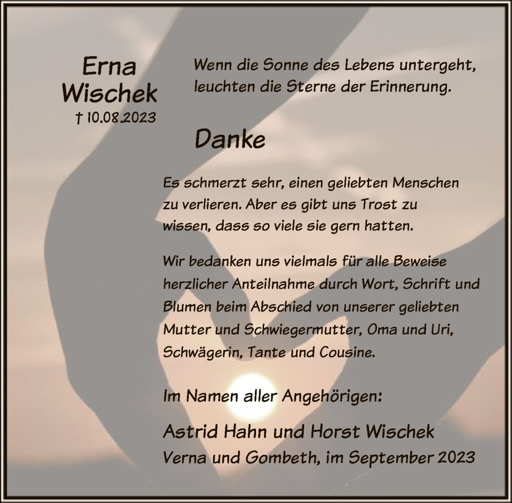  Traueranzeige für Erna Wischek vom 19.09.2023 aus HNA