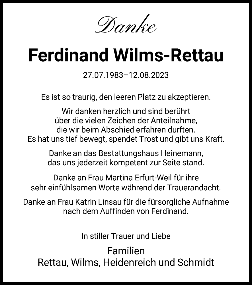  Traueranzeige für Ferdinand Wilms-Rettau vom 16.09.2023 aus HNA