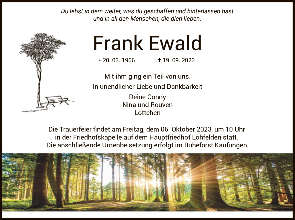  Traueranzeige für Frank Ewald vom 30.09.2023 aus HNA