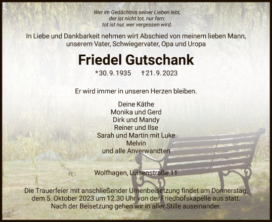 Traueranzeige von Friedel Gutschank von HNA