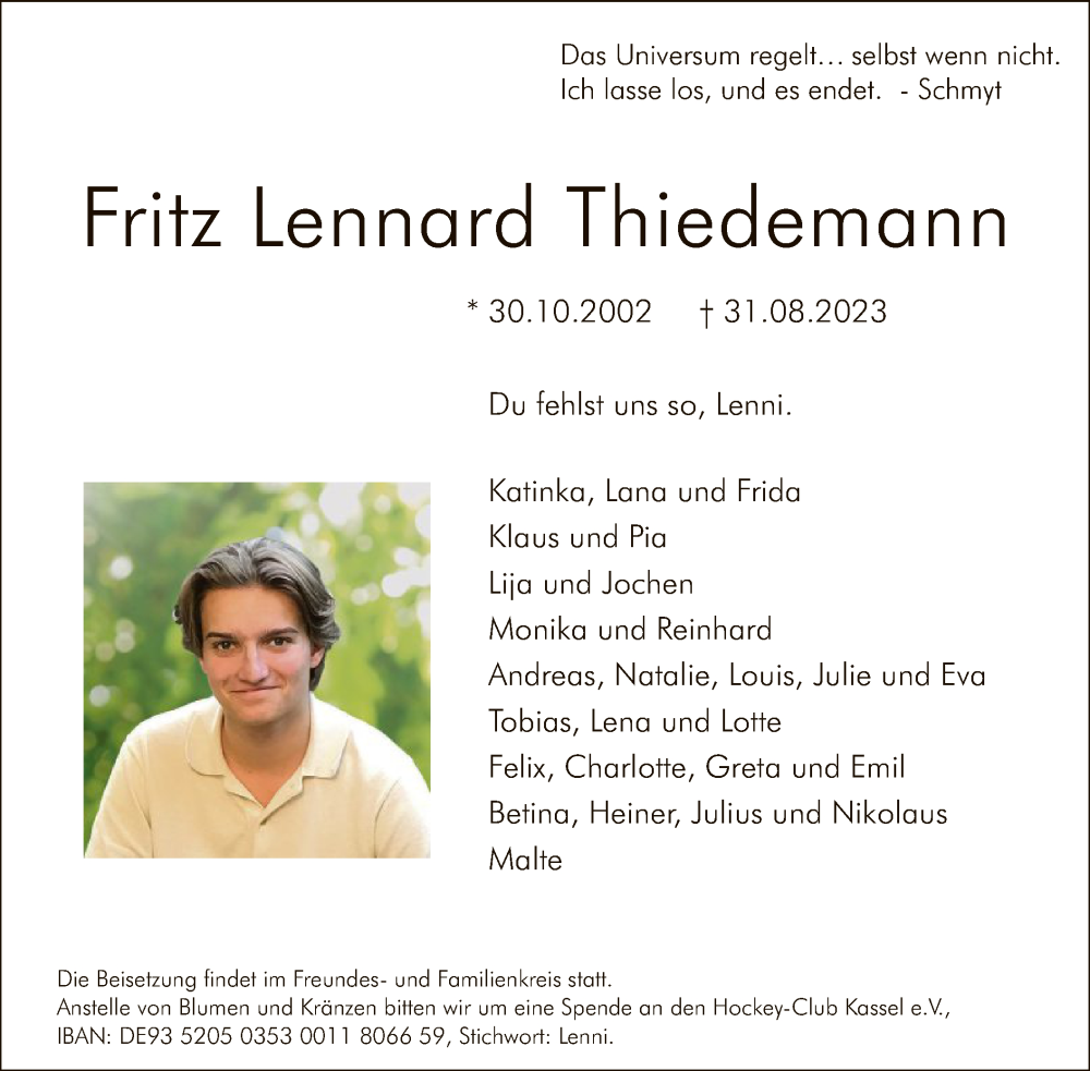 Traueranzeigen Von Fritz Lennard Thiedemann | Trauer.HNA.de