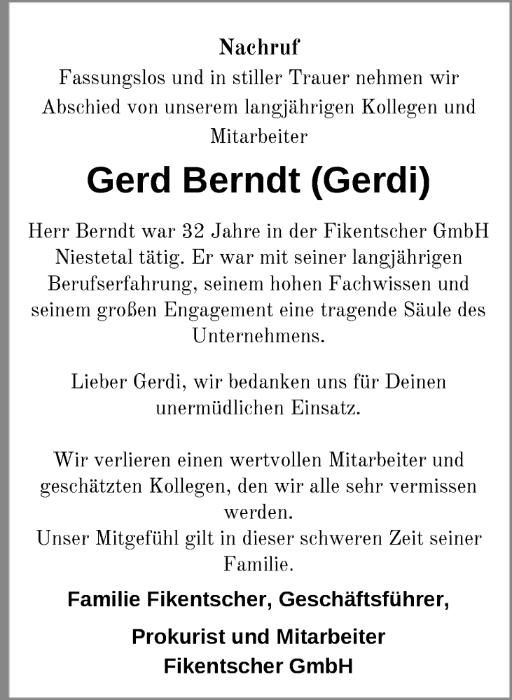  Traueranzeige für Gerd Berndt vom 30.09.2023 aus HNA
