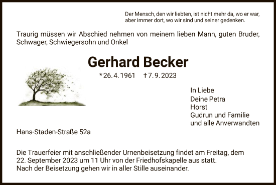 Traueranzeige von Gerhard Becker von HNA