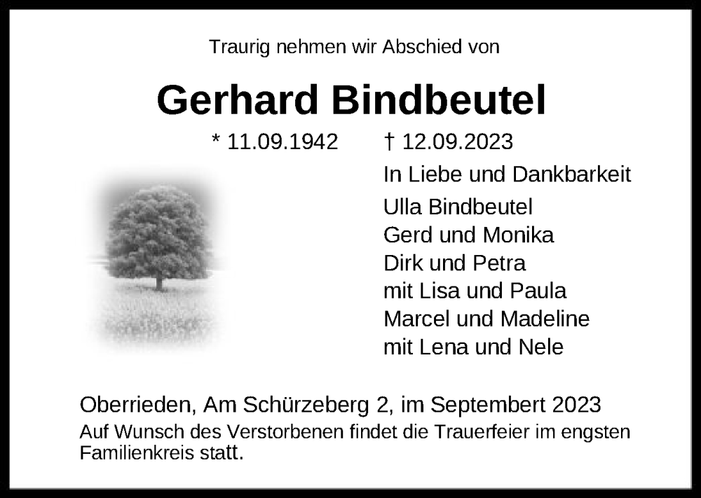  Traueranzeige für Gerhard Bindbeutel vom 23.09.2023 aus HNA