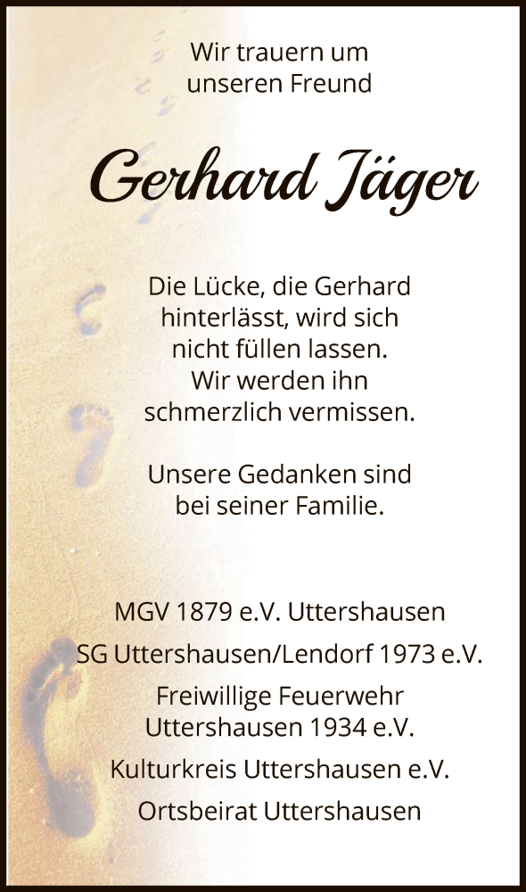  Traueranzeige für Gerhard Jäger vom 12.09.2023 aus HNA