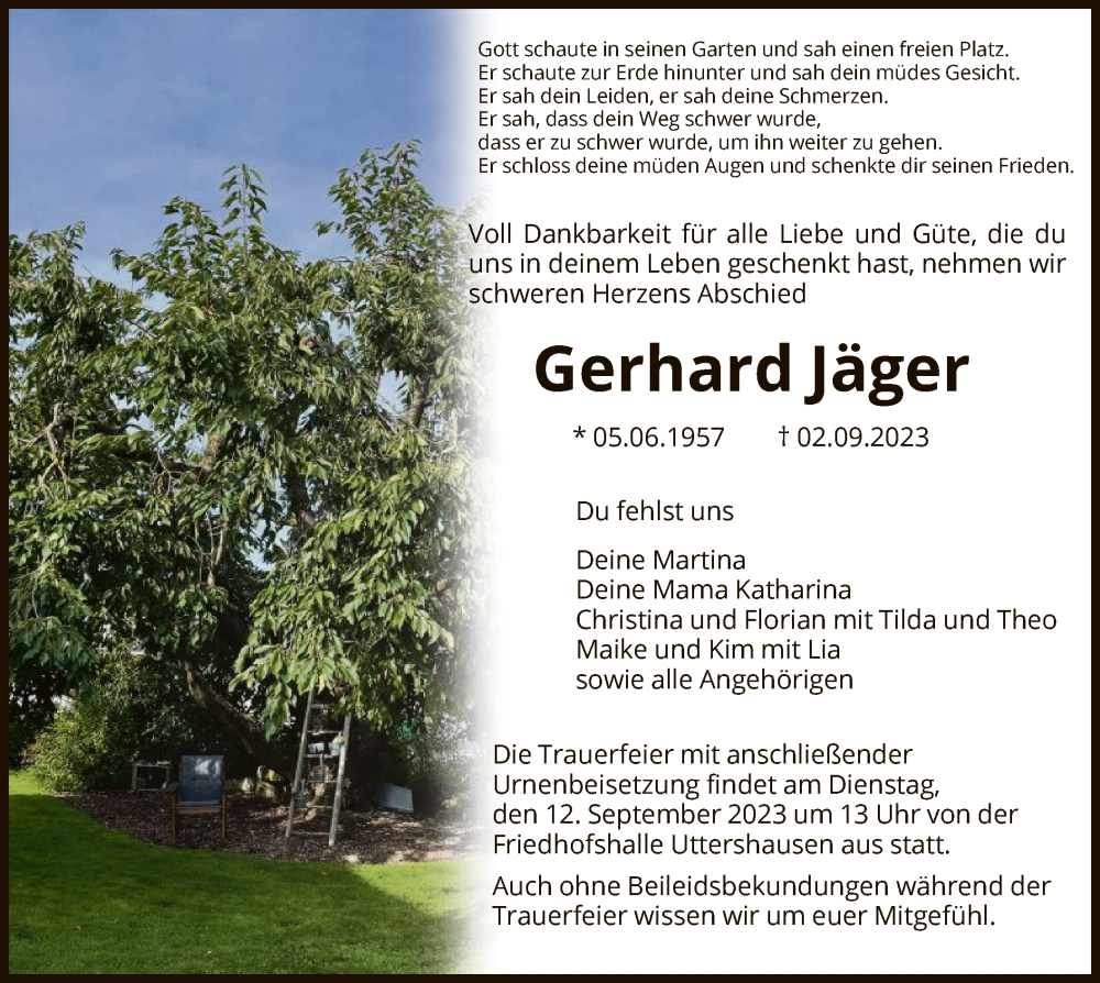  Traueranzeige für Gerhard Jäger vom 09.09.2023 aus HNA