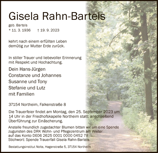 Traueranzeige von Gisela Rahn-Bartels von HNA