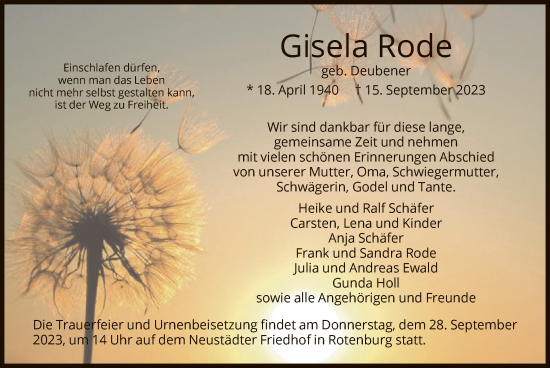 Traueranzeige von Gisela Rode von HNA