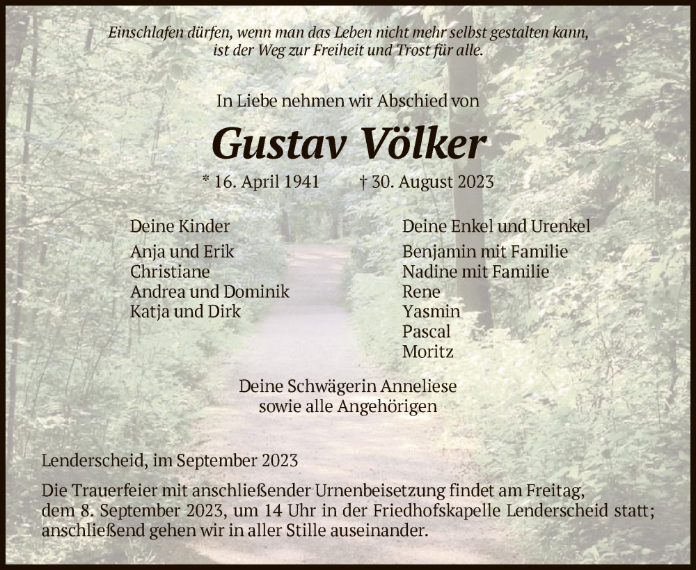  Traueranzeige für Gustav Völker vom 02.09.2023 aus HNA