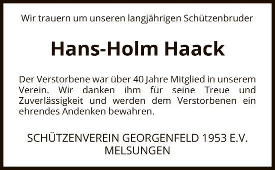 Traueranzeige von Hans-Holm Haack von HNA